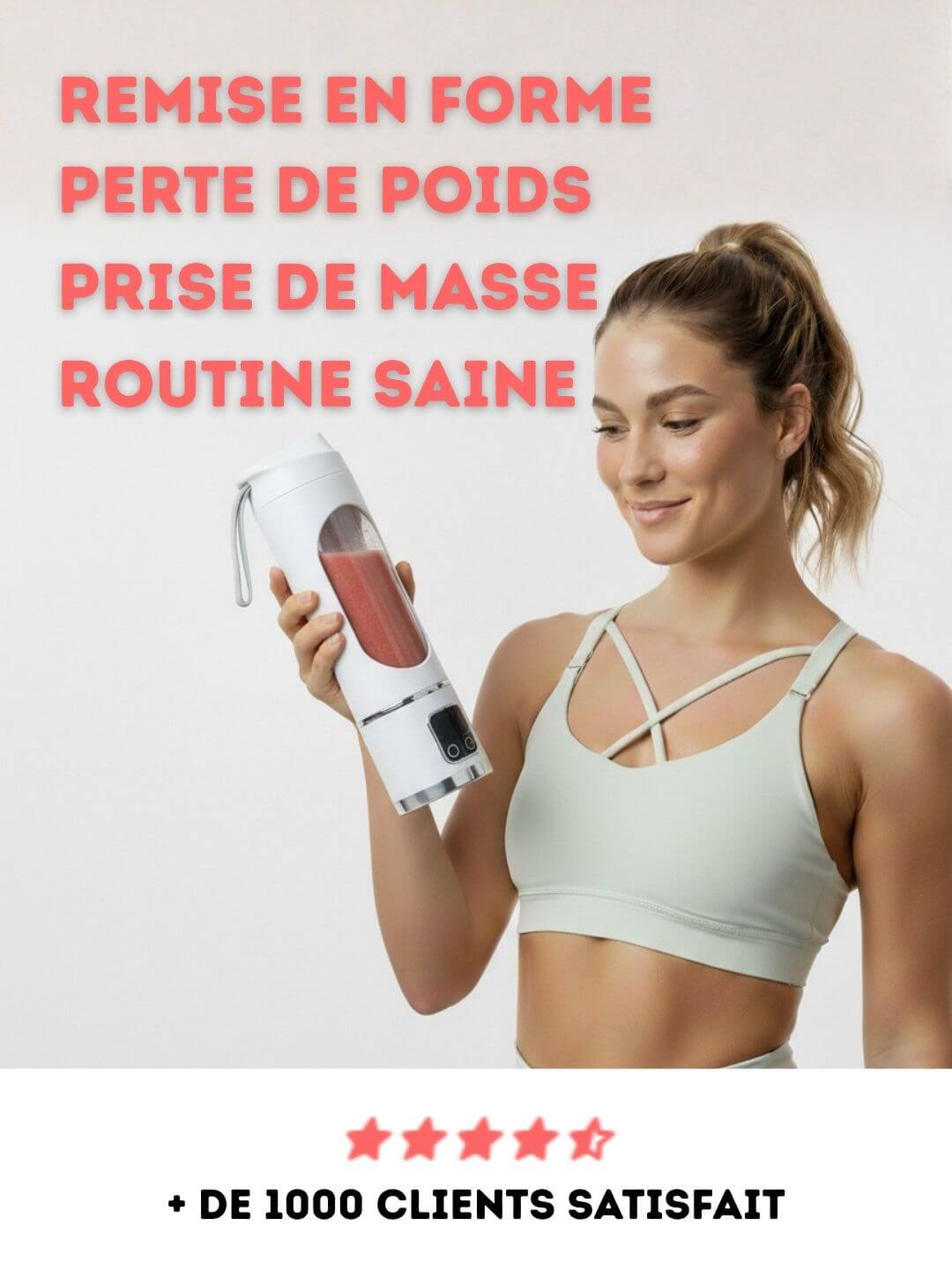 Femme sportive utilisant le mixeur portable Mixtoo pour sa routine fitness, idéal pour la perte de poids et la prise de masse.