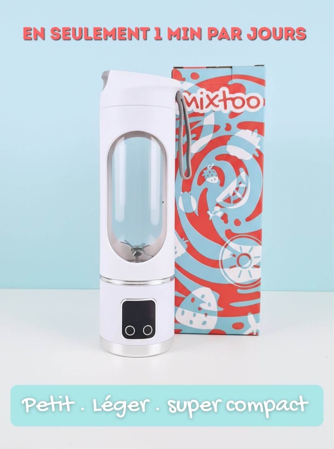 Mixeur portable Mixtoo blanc et son emballage design et coloré, un blender compact et léger pour préparer vos boissons en 1 minute.