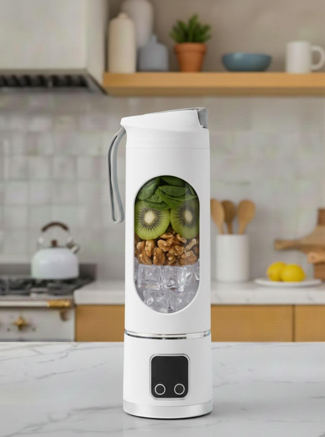 Mixeur portable puissant Mixtoo capable de mixer de la glace, des noix et des fruits frais pour des smoothies protéinés et sains.