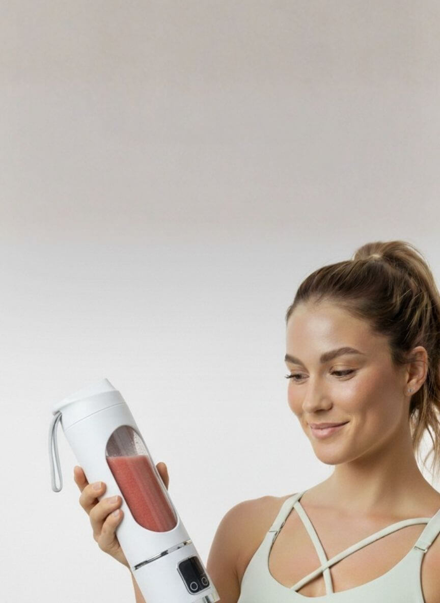 Bannière mobile Mixtoo : femme active préparant un smoothie frais avec son mixeur portable blanc après sa séance de fitness.